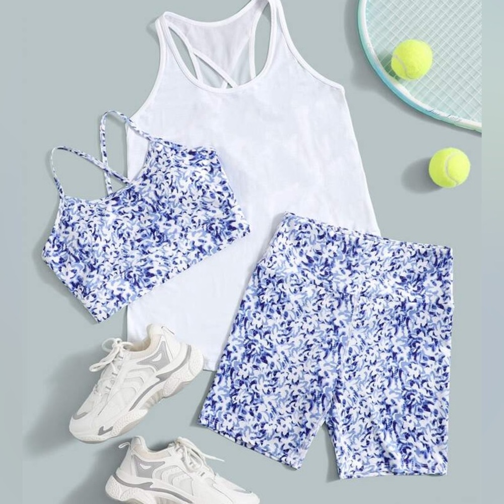Allover Print Cami Top & Biker Shorts & Solid Tank Top Sports Set